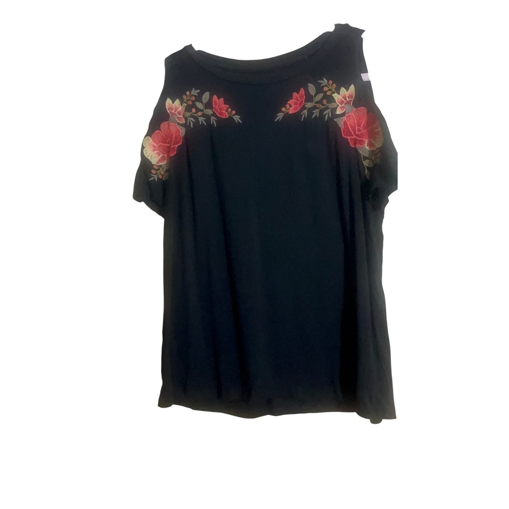 Black Cold Shoulder Floral Embroidered Short Sleeve Knit Top Blouse